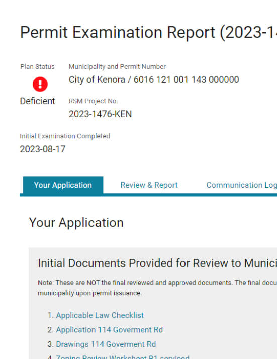 Screenshot of ePortal permit examination page. There is a red warning icon indicating that the plan status is deficient.