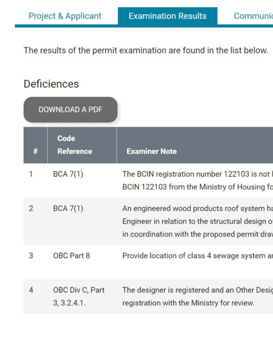 Screenshot of ePortal examination results tab. This tab lists permit deficiencies and has a pdf download button.