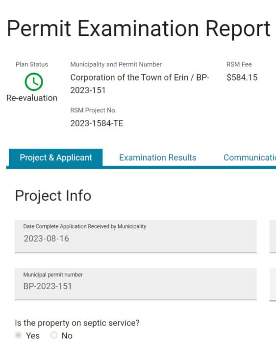 Screenshot of permit examination report.