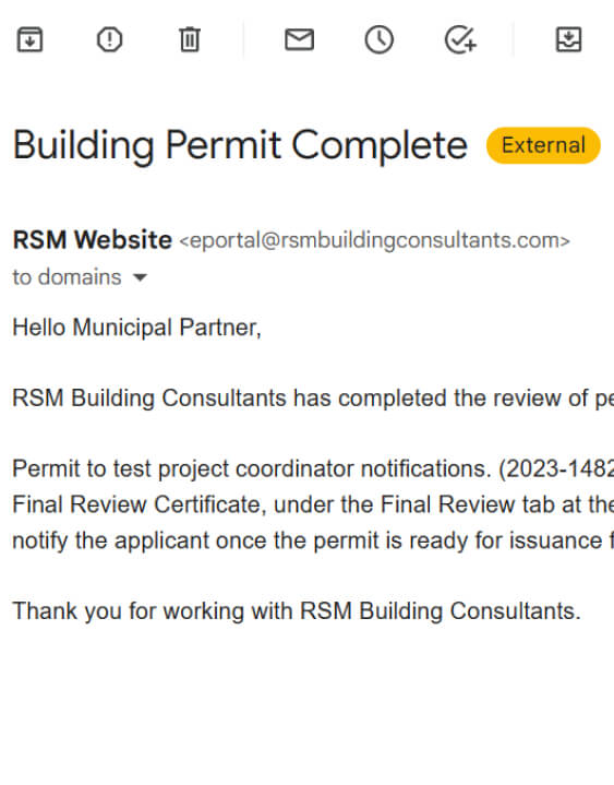 Screenshot of email notifying client of completed review from RSM.