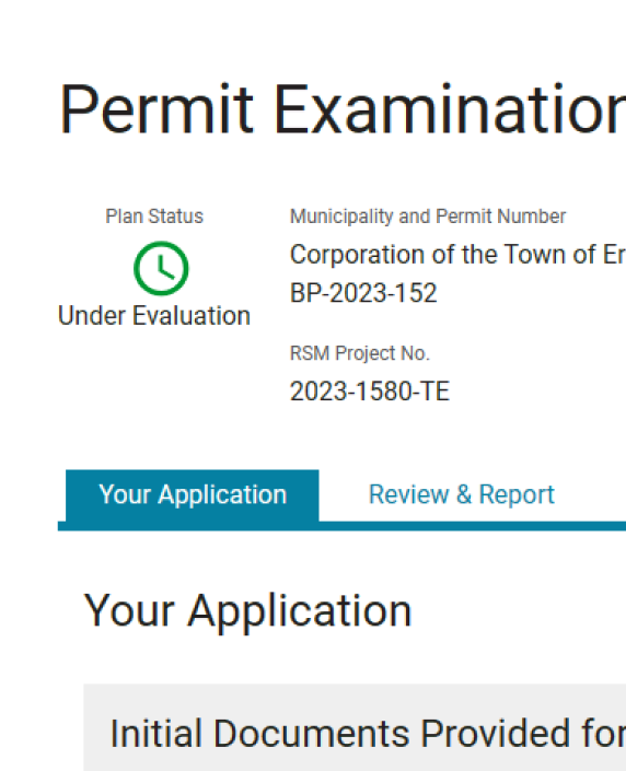 Screenshot of ePortal permit examination page. There is a green clock icon indicating that the plan status is under evaluation.