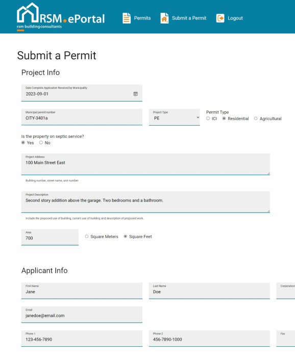 Screenshot of ePortal submit a permit page.